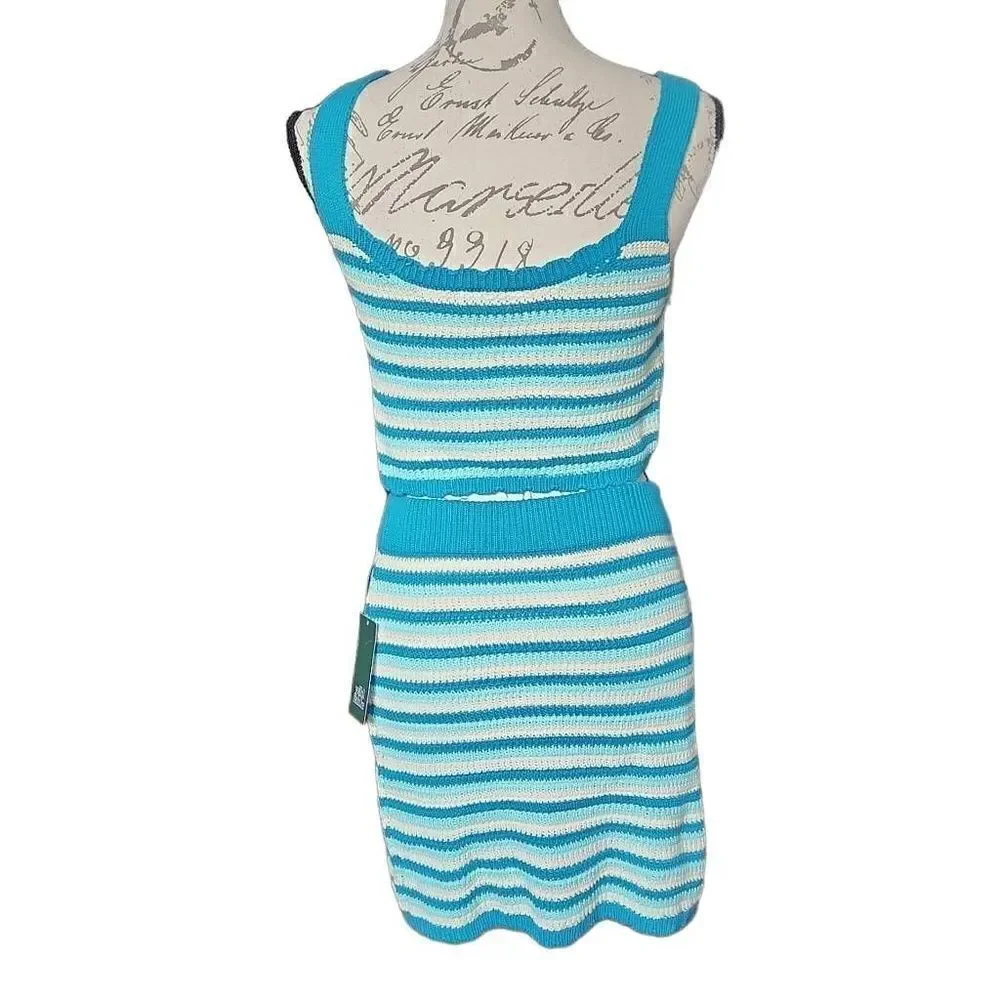 Wild Fable Ladies Size S/M Blue White Knit Crop Top & Skirt Set